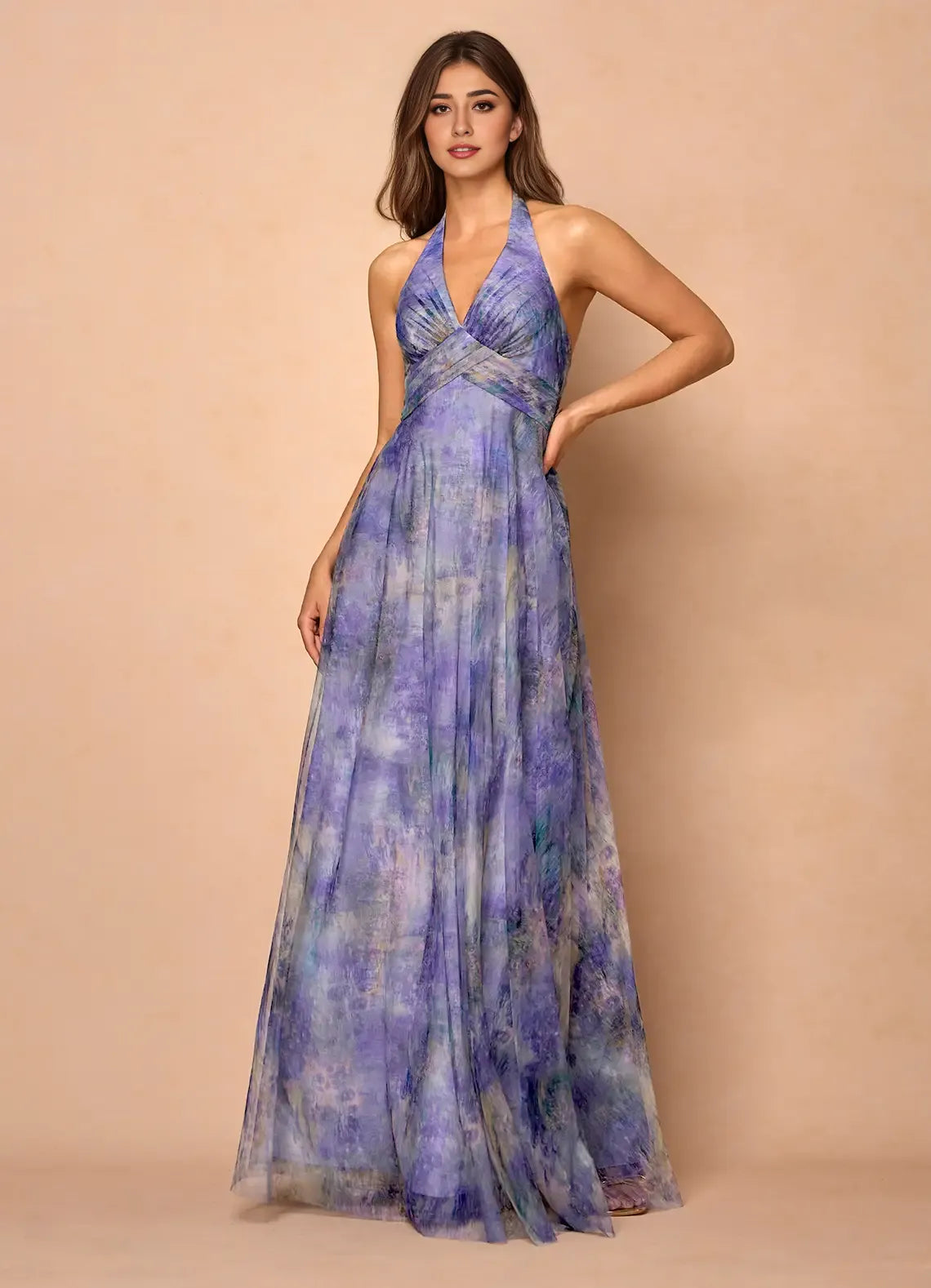 Robe Weitese lilas dos nu col en V élégante robe longue robe de bal sans manches dos nu imprimé fleuri robe de soirée trapèze